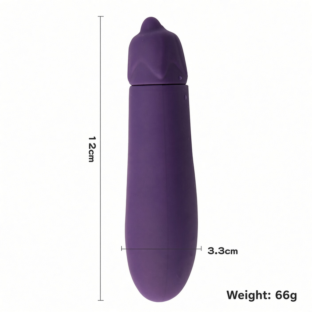 Purple eggplant-style vibrator dimensions 12 cm by 3.3 cm and 66 g weight