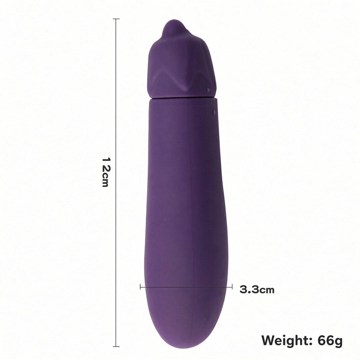 Purple eggplant-style vibrator dimensions 12 cm by 3.3 cm and 66 g weight