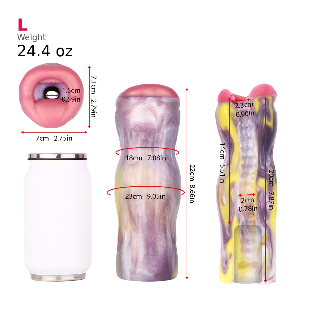 Large Eldritch Lips masturbator size guide with weight in ounces