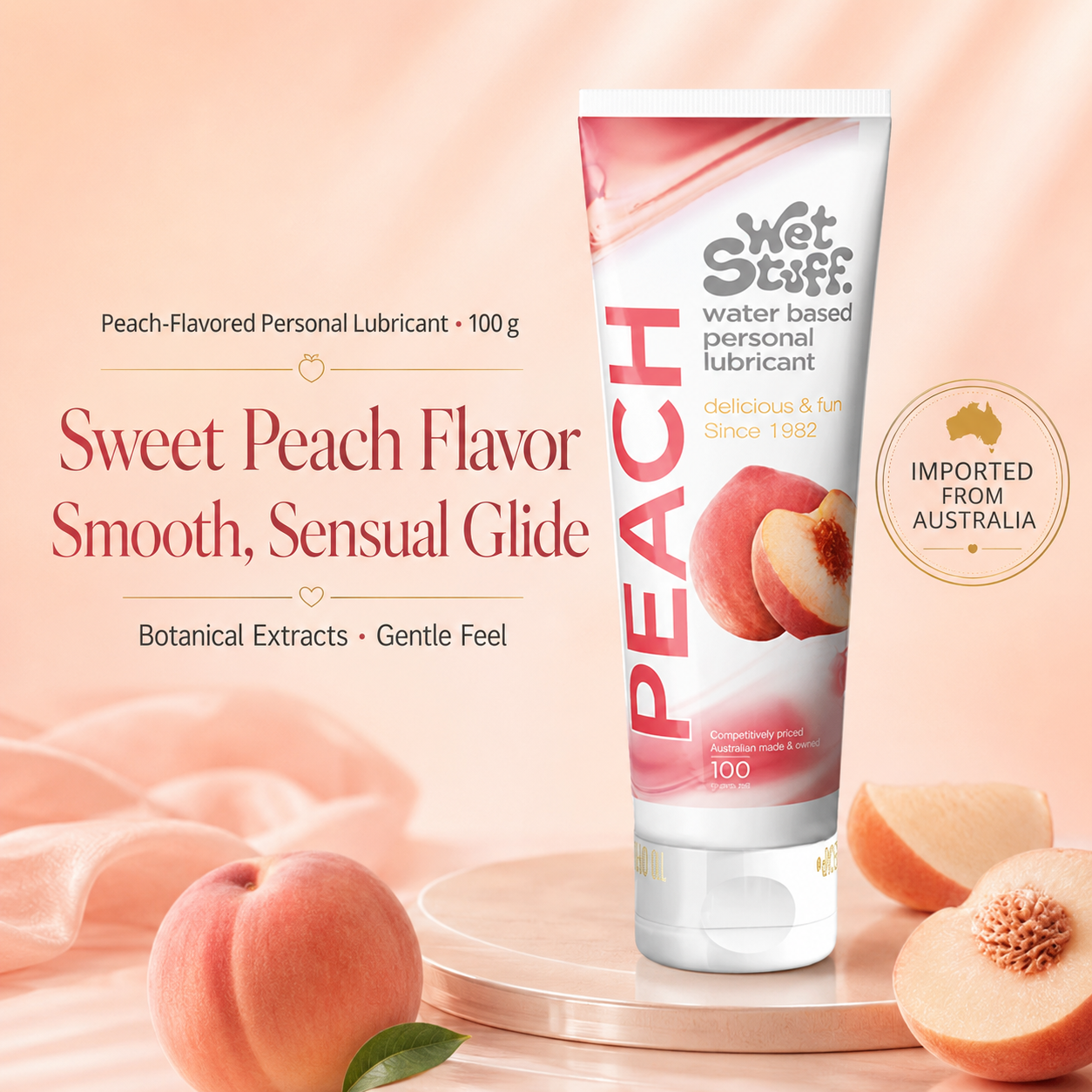Peach Water-Based Personal Lubricant being squeezed onto hand showing silky smooth texture - Wet Stuff Peach Flavored Lubricant with long-lasting glide