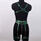 Back mannequin view of green PU leather body and thigh chain harness
