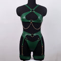 Front mannequin view of green PU leather open-cup body and leg chain harness