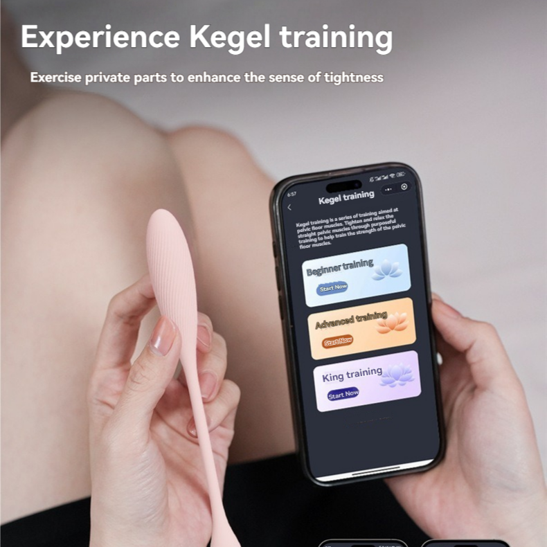 Hand holding a pink mini vibrator beside a kegel training app screen.