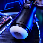 Black automatic male masturbator angled close-up with LED controls