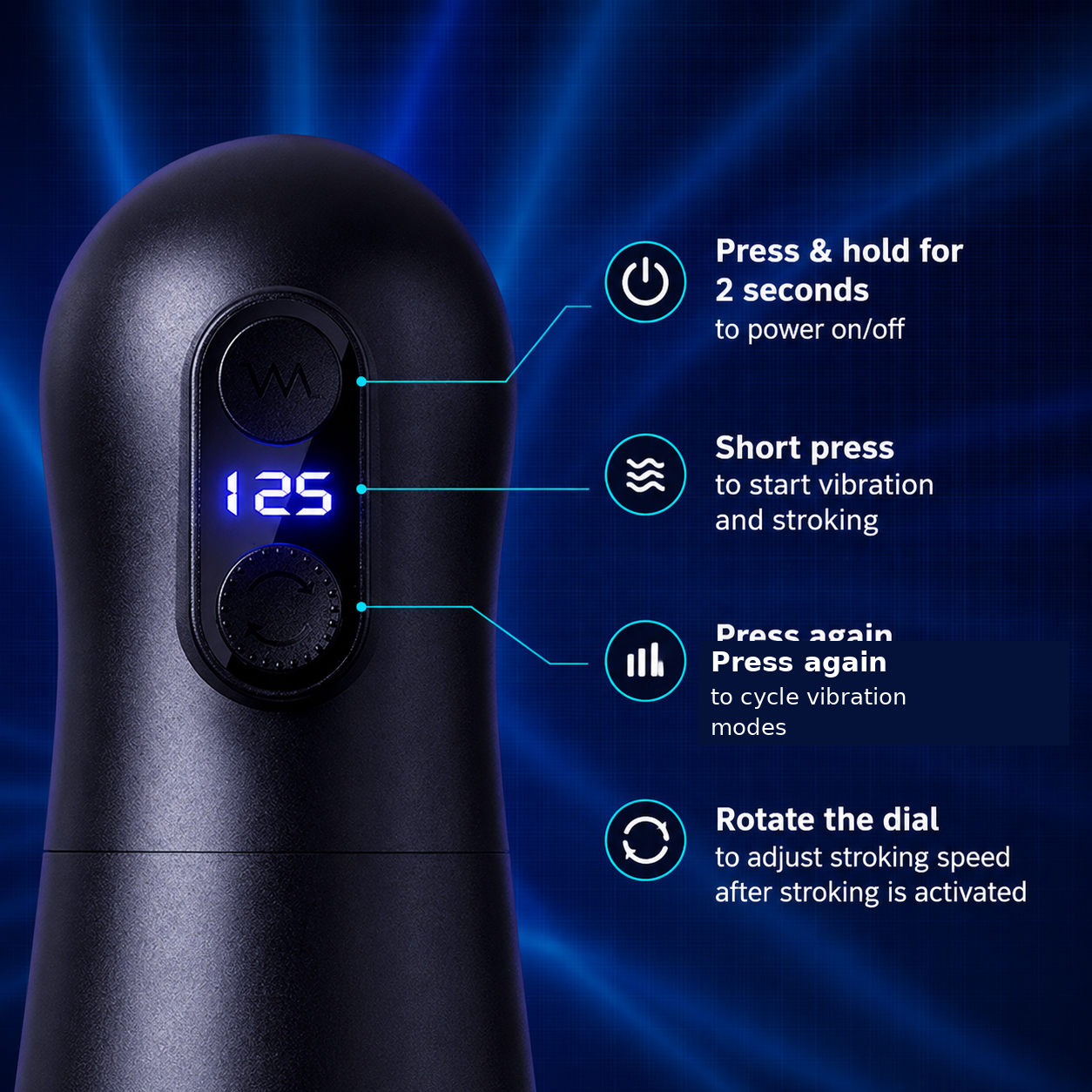 Automatic male masturbator control guide for power, vibration, stroking, and speed