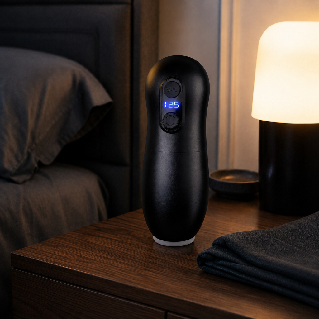 Black automatic male masturbator on a bedside table