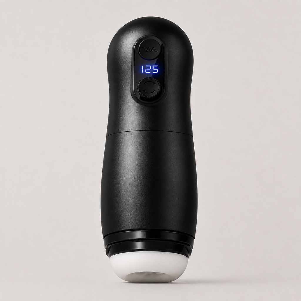 Black automatic male masturbator front product view