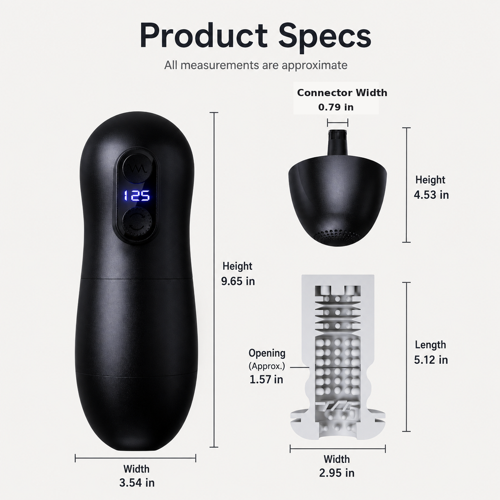 Automatic male masturbator product specifications with US dimensions in inches