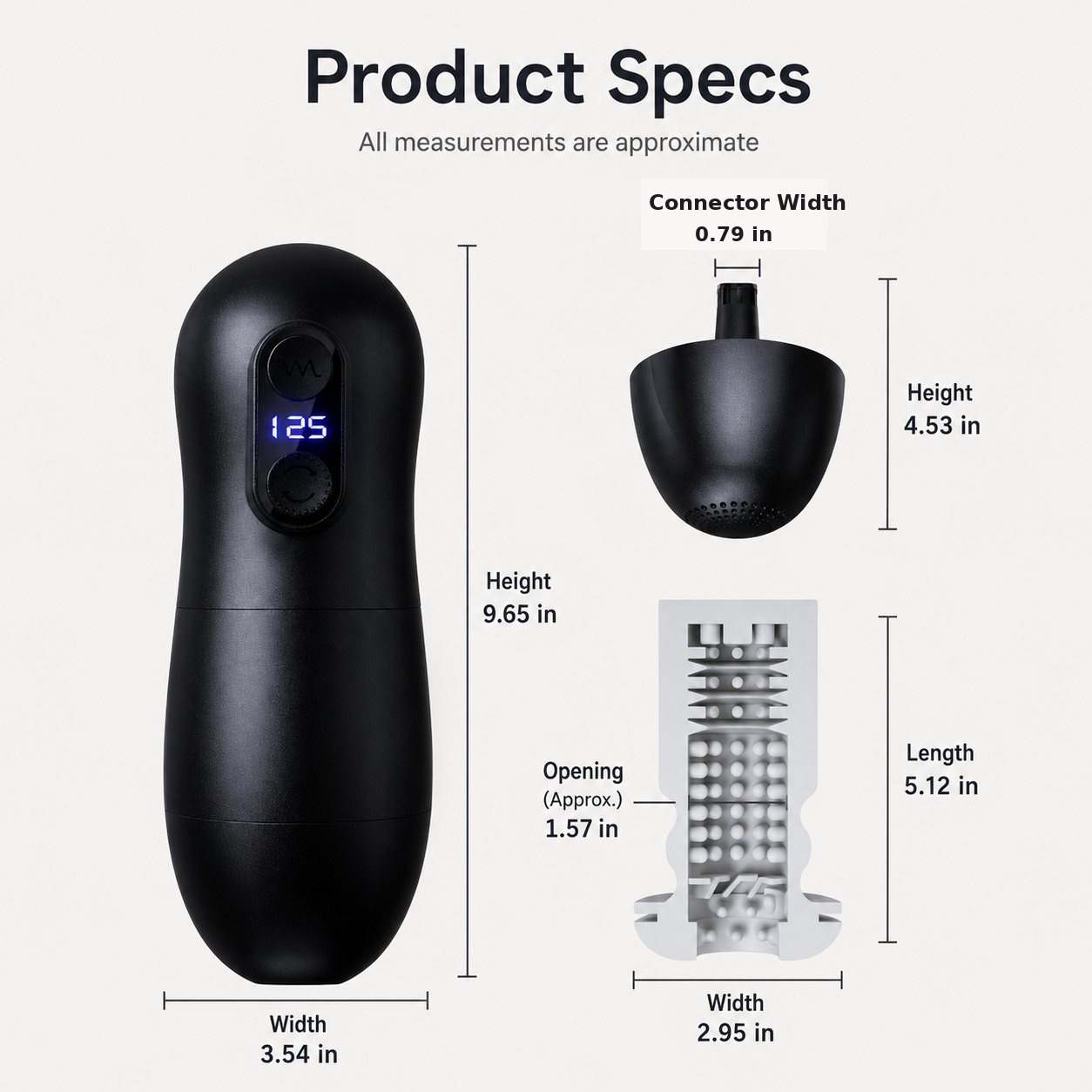 Automatic male masturbator product specifications with US dimensions in inches