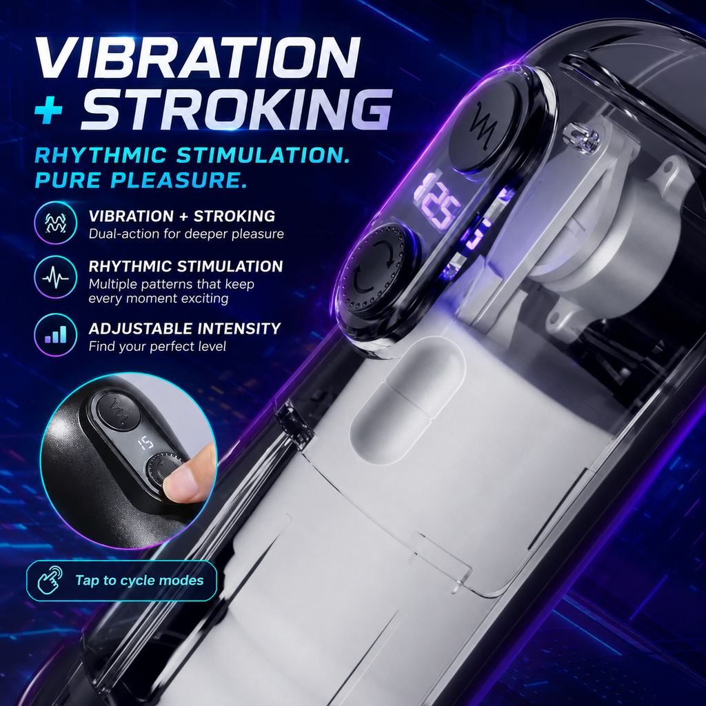 Automatic male masturbator vibration and stroking mechanism feature graphic