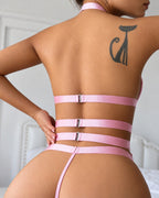 Pink heart-ring lace halter lingerie set back view with layered waist straps