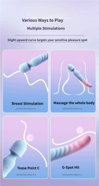 Image showing various ways to play with a blue pink gradient heating dildo wand for breast stimulation, whole body massage, tease point C, and G-spot hit.