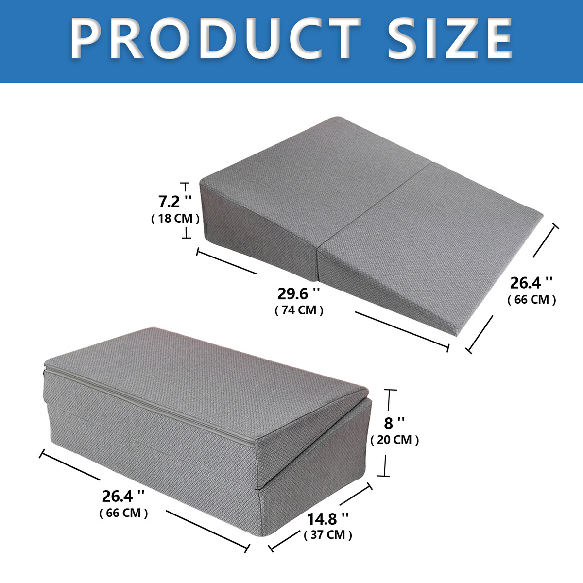 Unfolded and folded wedge pillow dimensions in inches and centimeters