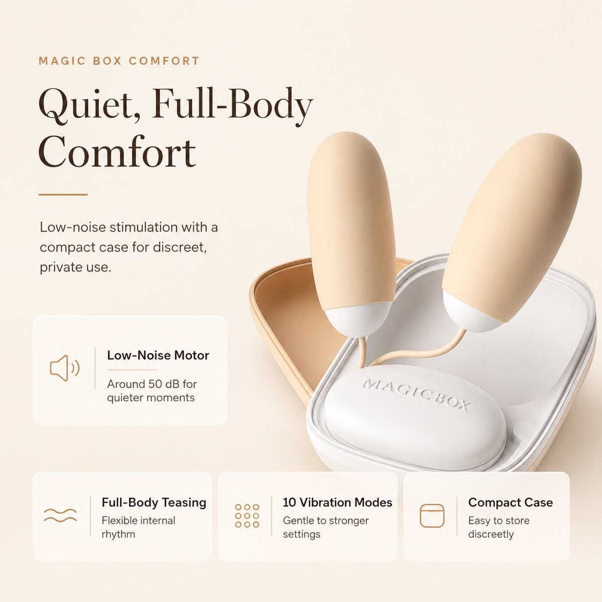 Magic Box vibrator with quiet full-body comfort and compact case
