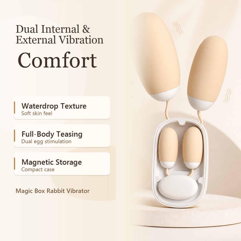 Beige Magic Box rabbit vibrator with dual egg stimulation and compact case