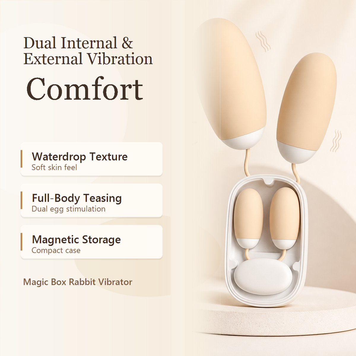Beige Magic Box rabbit vibrator with dual egg stimulation and compact case