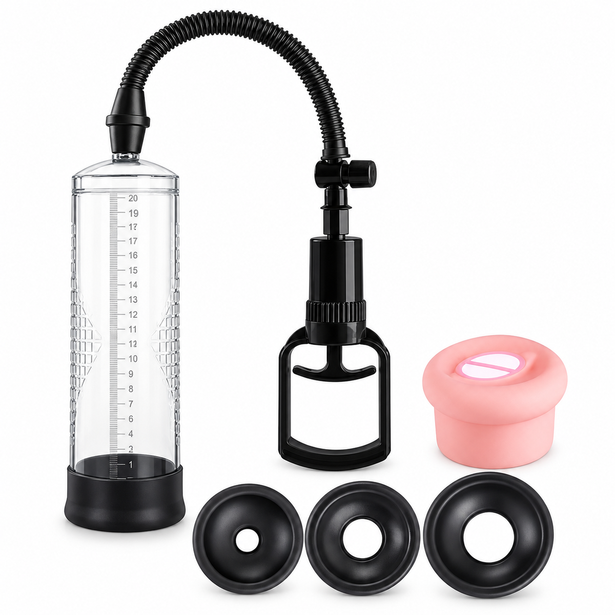 Manual pull penis pump kit with S M L rings and soft sleeve