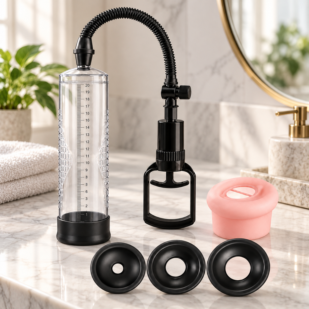 Manual vacuum penis pump with pull handle on a modern bathroom vanity