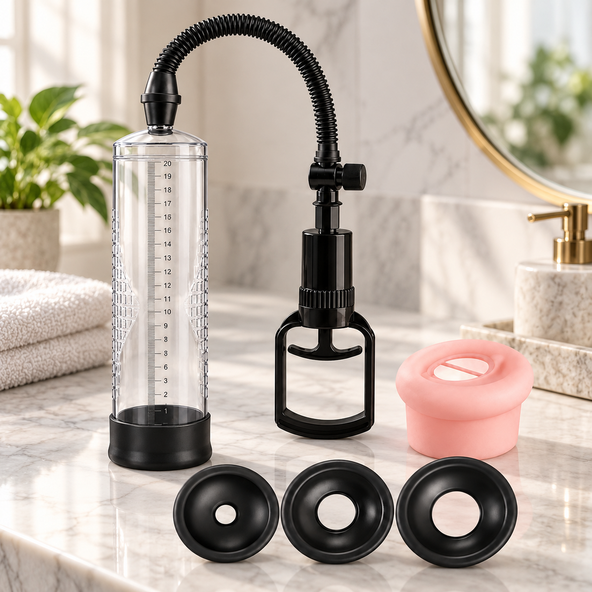 Manual vacuum penis pump with pull handle on a modern bathroom vanity