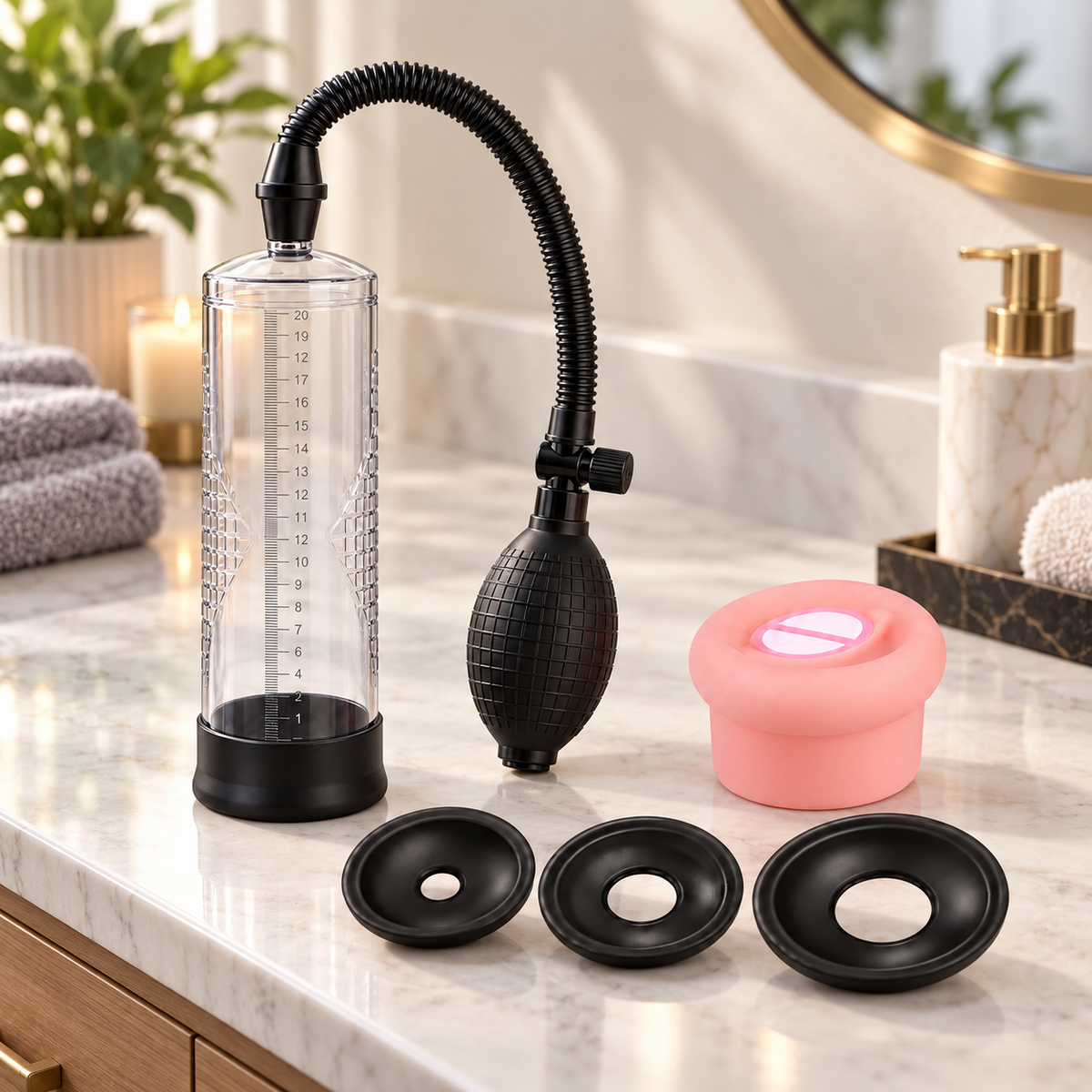 Manual vacuum penis pump with squeeze bulb on a modern bathroom vanity