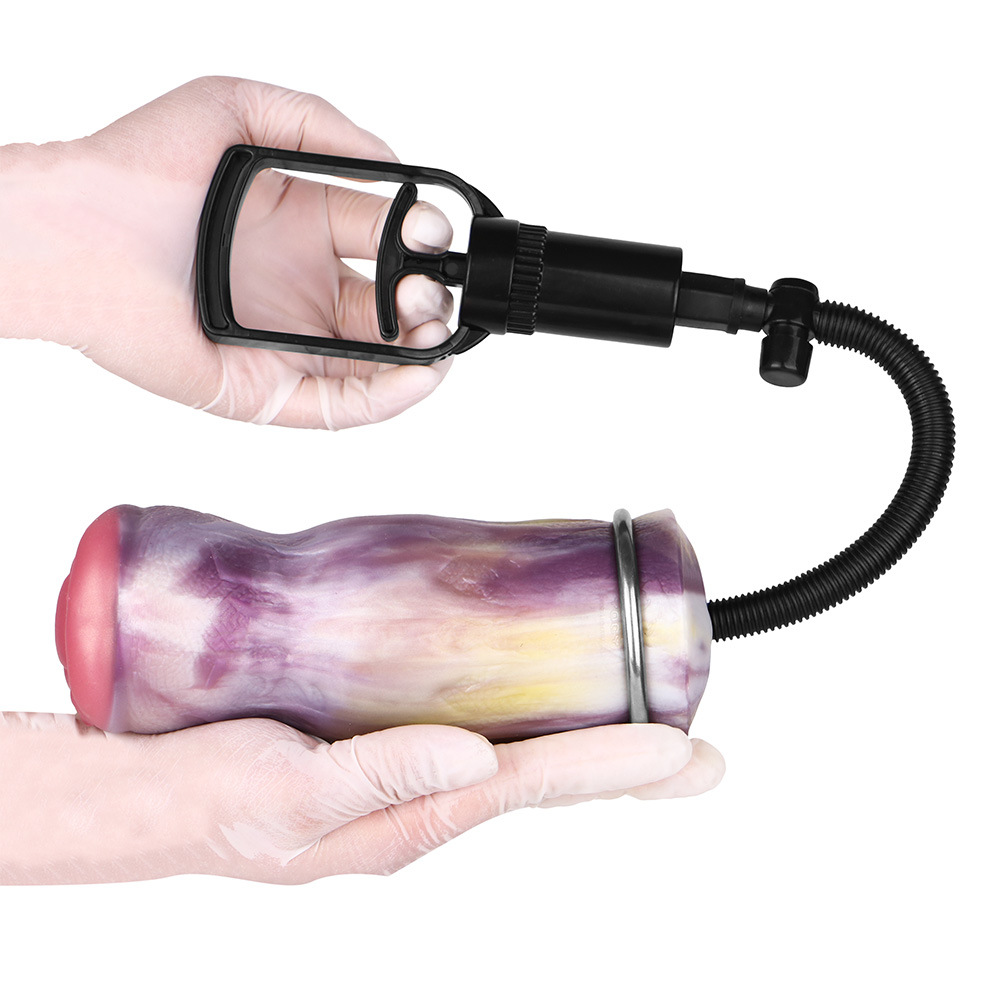 Manual vacuum pump masturbator set with textured silicone sleeve