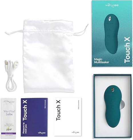 X Lying Vibrator - Mini Bullet, Clitoral Stimulator for Women, Green with accessories and storage pouch.