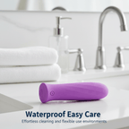 Mini Strong Bullet Vibrator on a counter, highlighting its waterproof and easy care features.