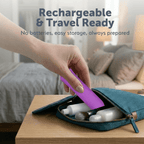 Hand placing a Mini Strong Bullet Vibrator into a travel pouch, showcasing its compact and rechargeable design.