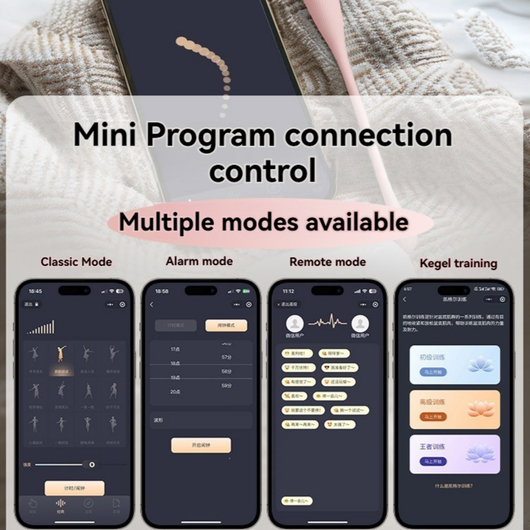 Mobile app screens showing mini vibrator connection and multiple control modes.