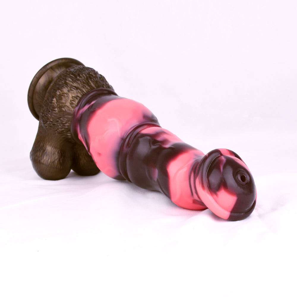 Close-up of the N5092 marbled silicone squirting dildo tip and liquid outlet