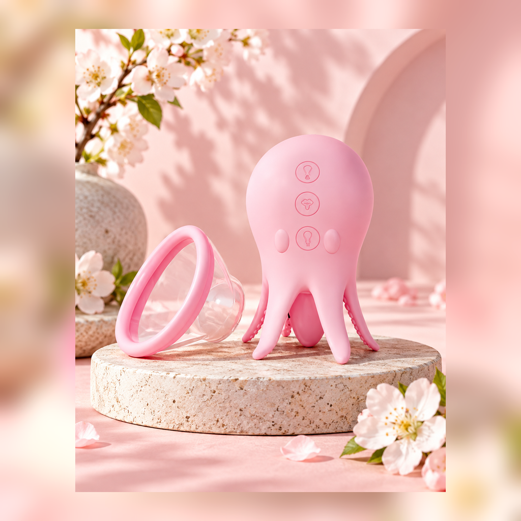 Pink Octopus suction and licking nipple massager with detachable clear cup