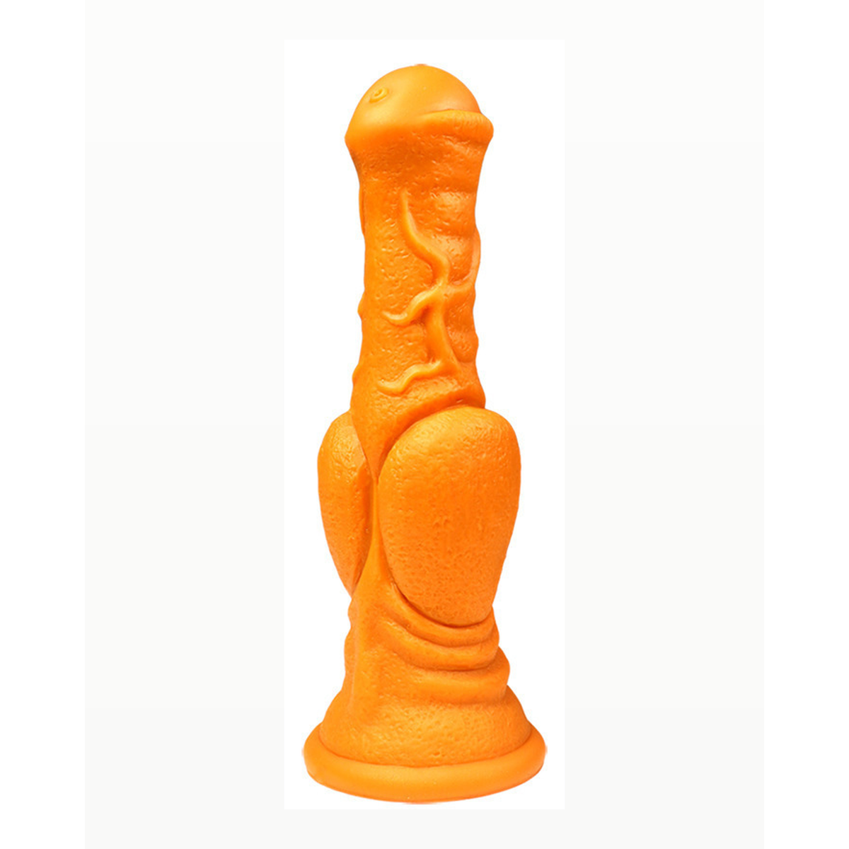 Front view of orange equine-style textured silicone fantasy dildo