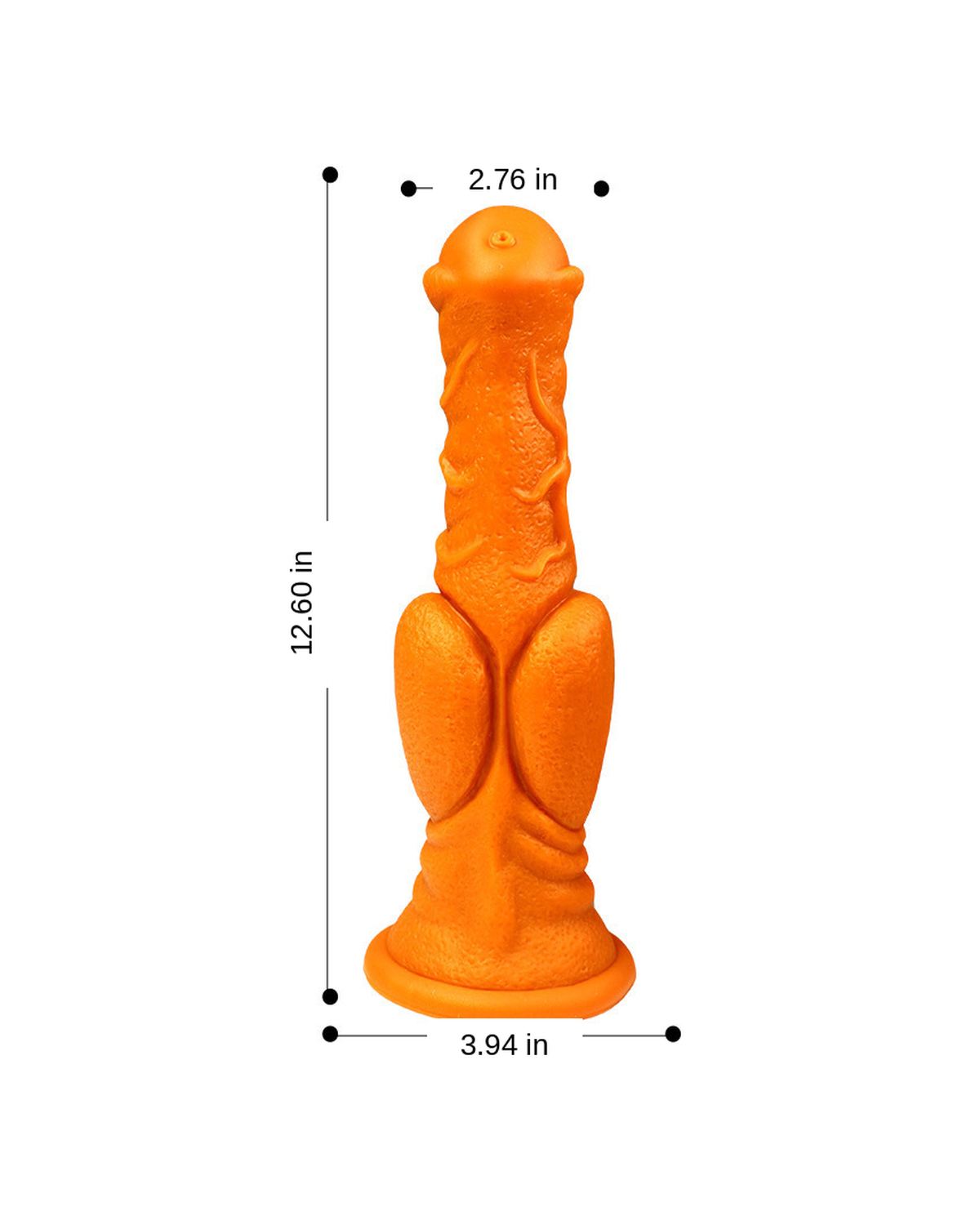 Large orange equine-style textured silicone fantasy dildo size chart in inches