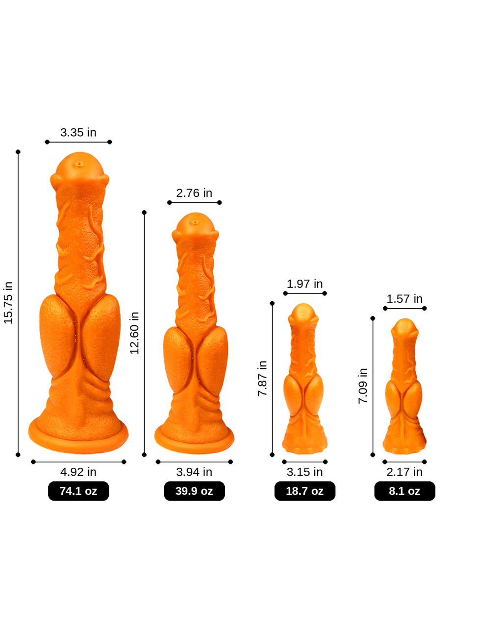 Orange equine-style textured silicone fantasy dildo size comparison in inches and ounces