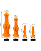 Orange equine-style textured silicone fantasy dildo size comparison in inches and ounces