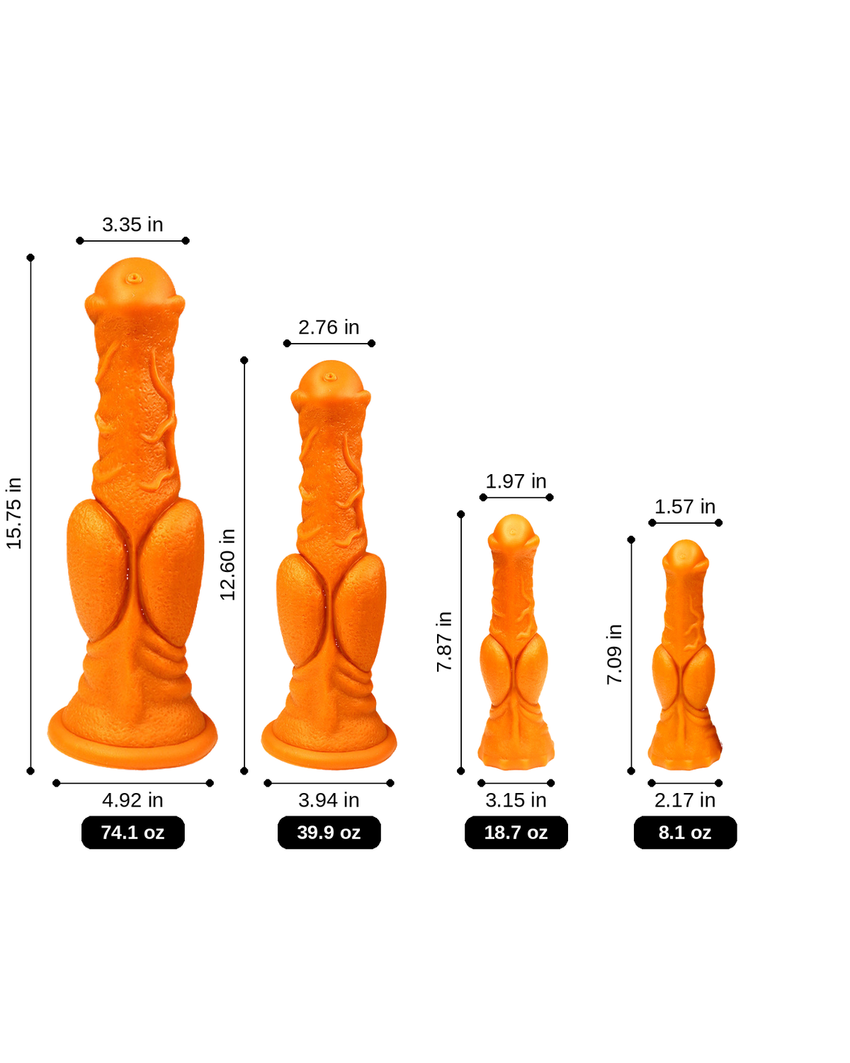 Orange equine-style textured silicone fantasy dildo size comparison in inches and ounces