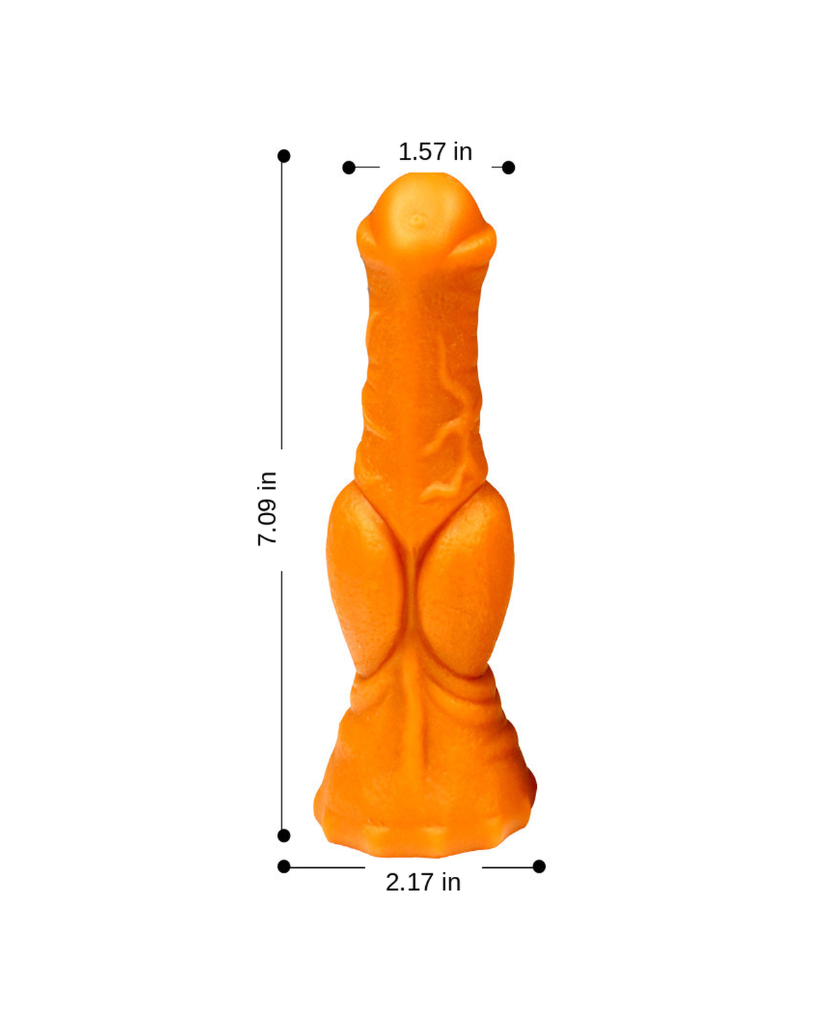 Small orange equine-style textured silicone fantasy dildo size chart in inches