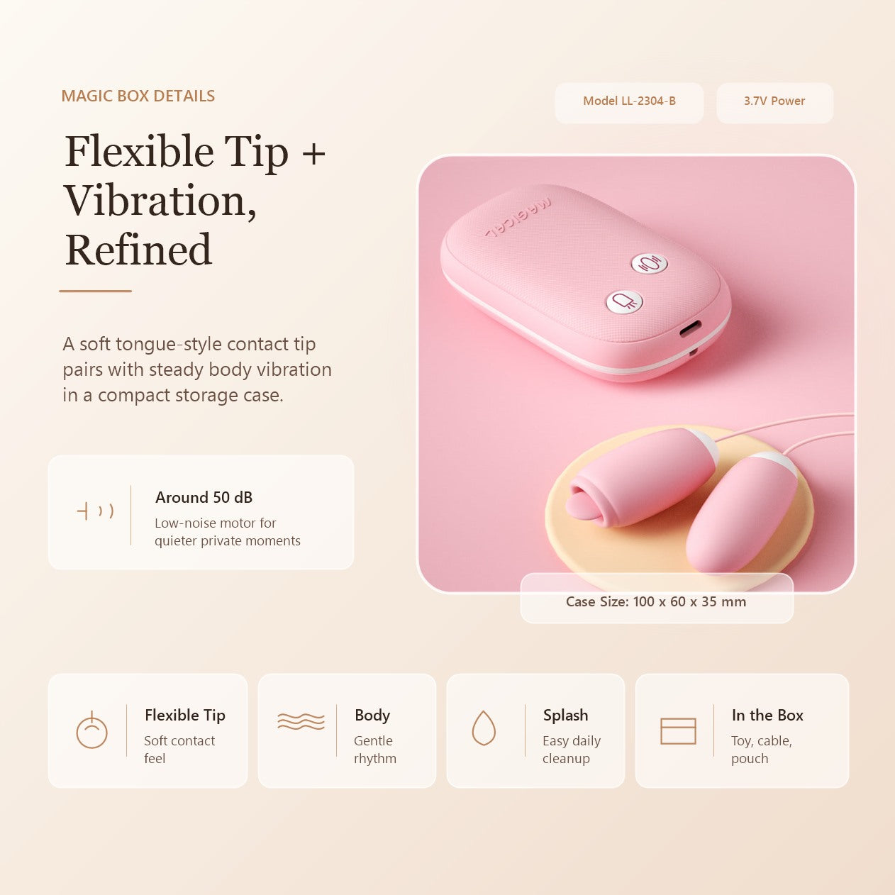 Pink Magic Box tongue vibrator specifications with flexible tip and storage case
