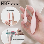 Pink mini vibrator and finger sleeve held beside finger size and diameter details.