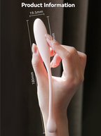 Pink mini vibrator held in hand with product dimensions.