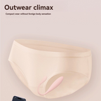 Pink mini vibrator positioned inside underwear for outwear use.