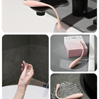 Pink mini vibrator shown near a bath and shower to demonstrate waterproof cleaning.