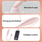 Pink mini vibrator shown with G-spot stimulation, strong vibration, and app control panels.