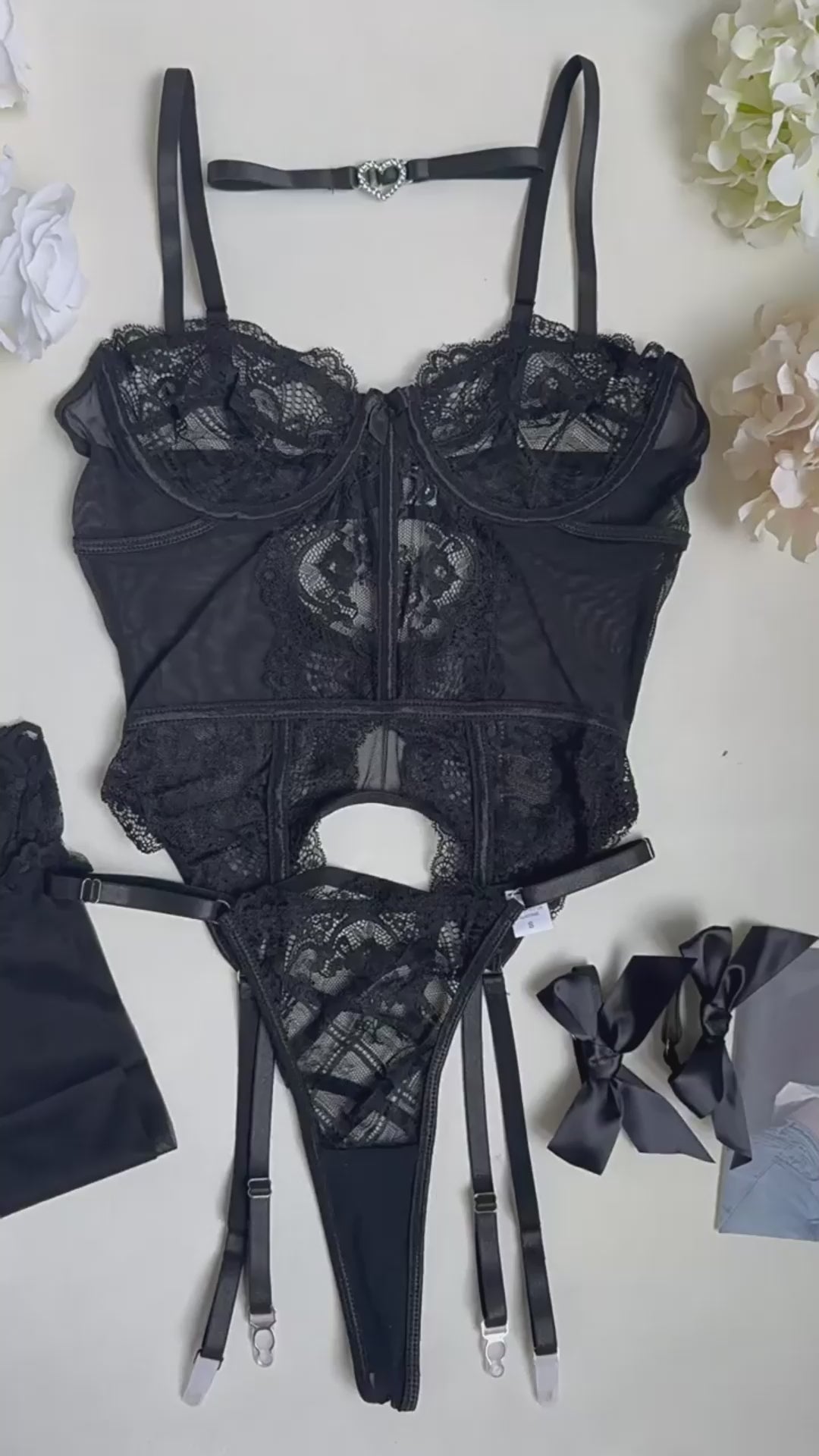 Women's Sexy Flora Lace Lingerie Set with Bustier and Garter Panty