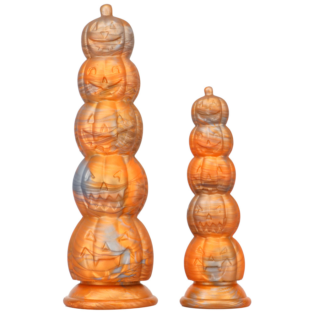 Halloween pumpkin silicone fantasy dildo S and L size comparison on white