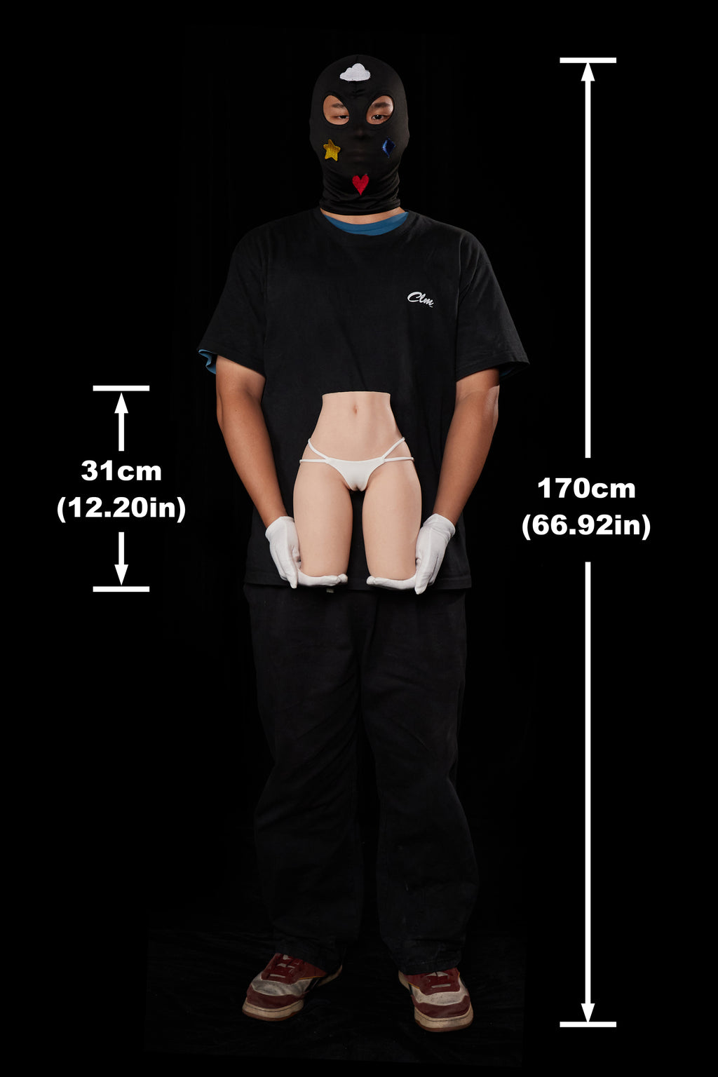 PW-L31 compact silicone lower-body doll held by an adult for scale; 31 cm tall with a 170 cm person reference.