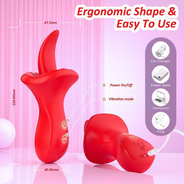 Red lips tongue vibrator ergonomic shape size display