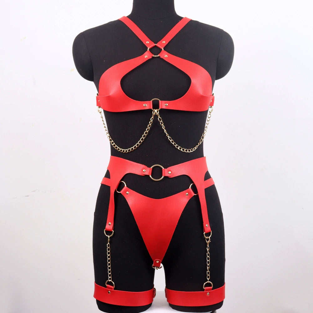 Front mannequin view of red PU leather open-cup body and leg chain harness