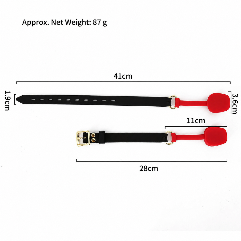 Red silicone mouth opener gag size guide with 87 g net weight