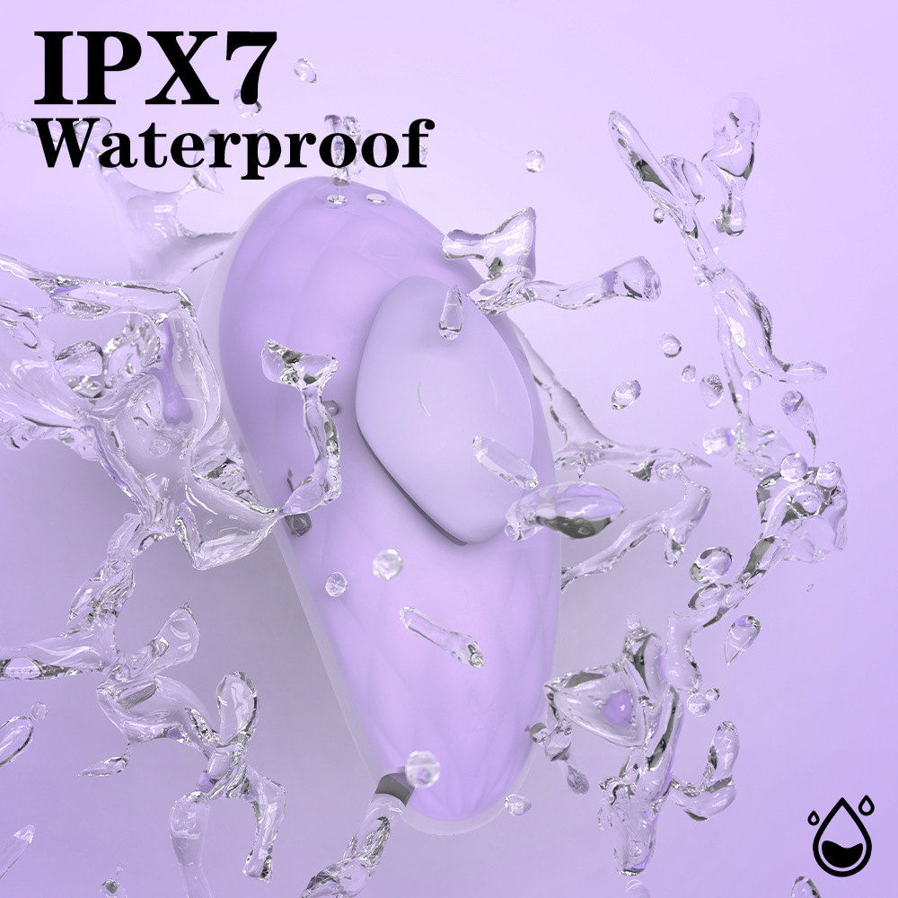 Purple wearable vibrator shown with IPX7 water resistance